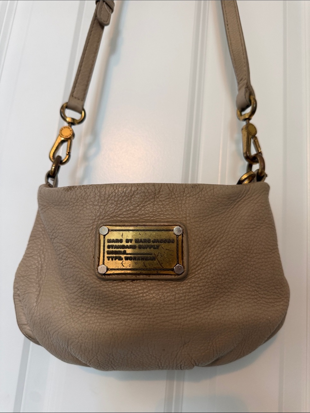 Marc by Marc Jacobs Taupe Leather Crossbody with Gold Plaque